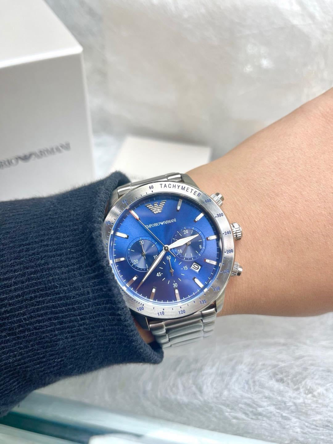  Shop Authentic Emporio Armani Mario Chronograph Blue Dial Silver Steel Strap Watch For Men - AR11306 - Luxxuri