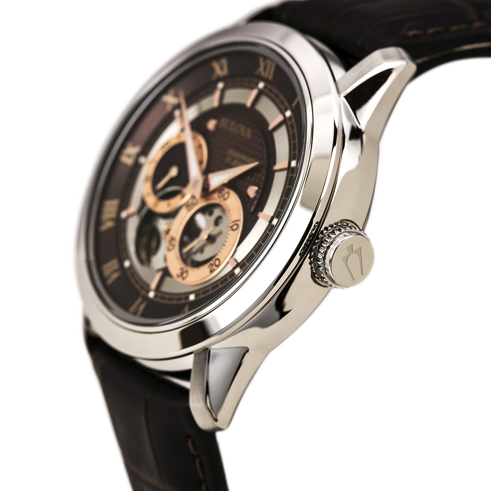  Shop Authentic Bulova Classic Skeleton Automatic Brown Dial Brown Leather Strap Watch for Men - 96A120 - Luxxuri