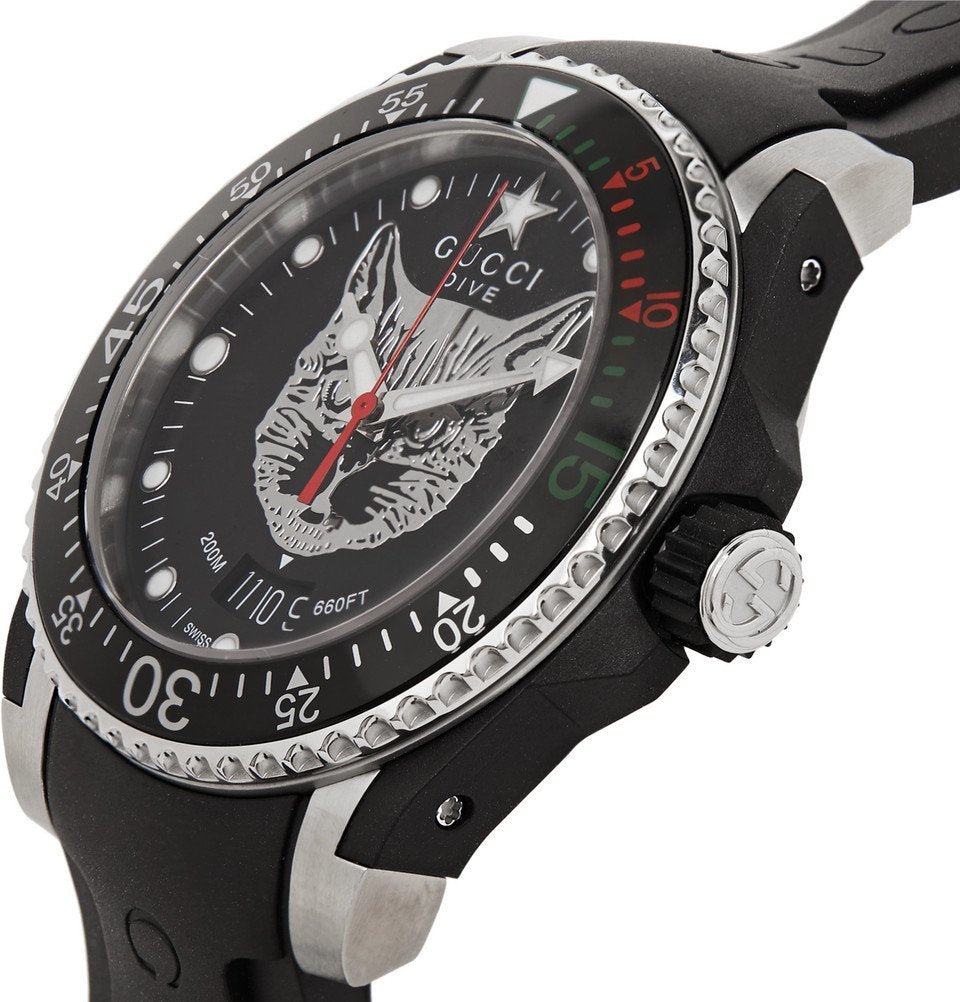  Shop Authentic Gucci Dive Feline Black Dial Black Rubber Strap Watch For Men - YA136320 - Luxxuri