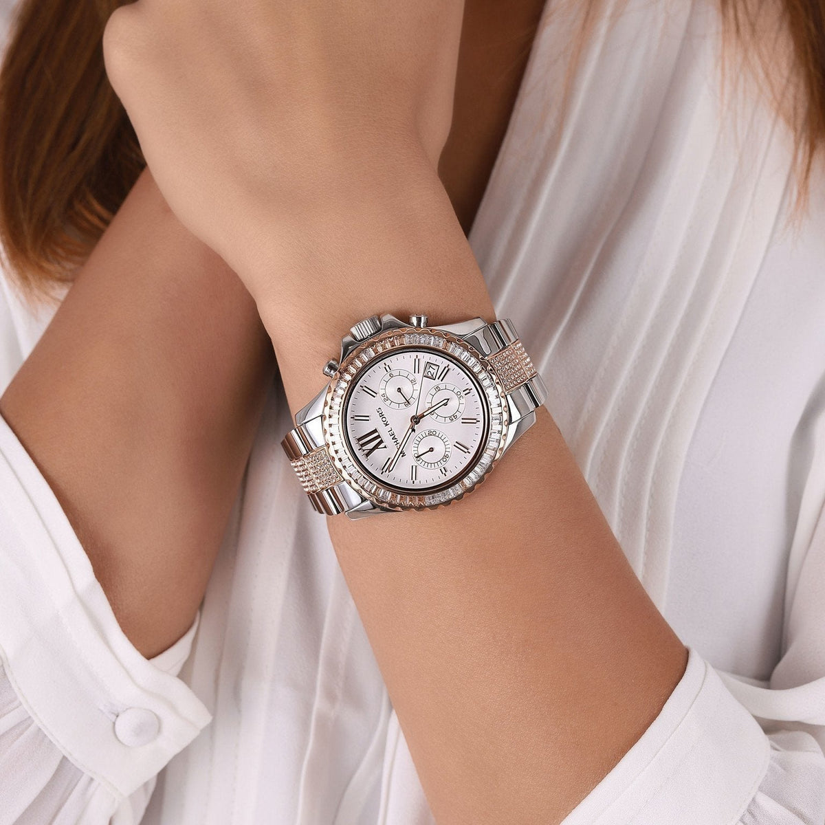  Shop Authentic Michael Kors Everest Chronograph Silver Dial Two Tone Steel Strap Watch For Women - MK6975 - Luxxuri