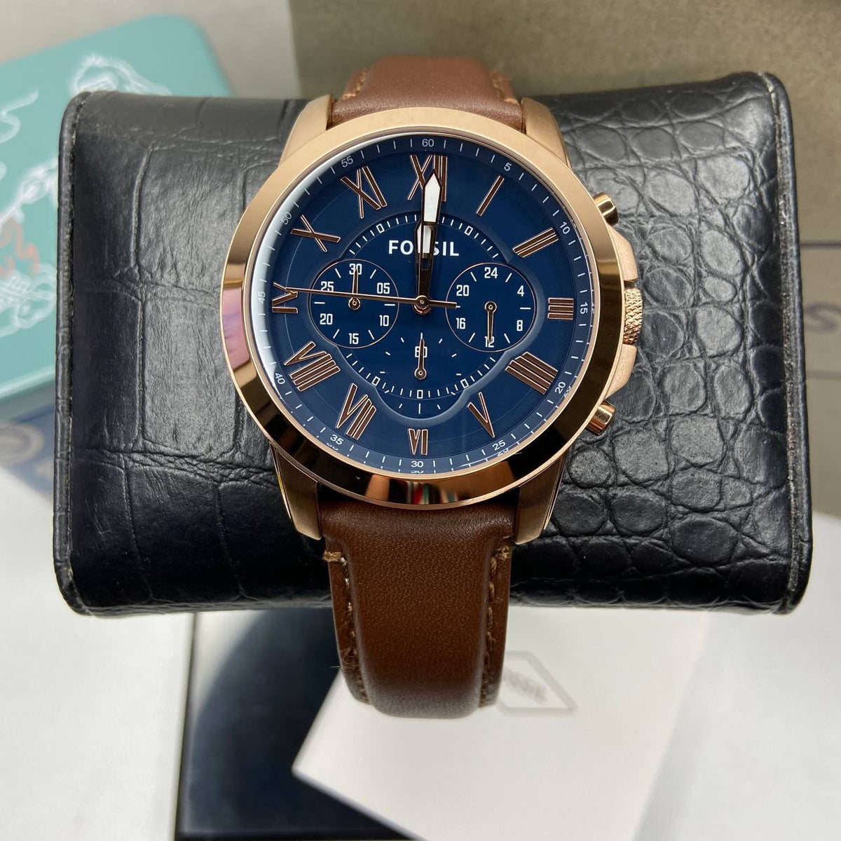  Shop Authentic Fossil Grant Sport Chronograph Blue Dial Brown Leather Strap Watch for Men - FS5268 - Luxxuri