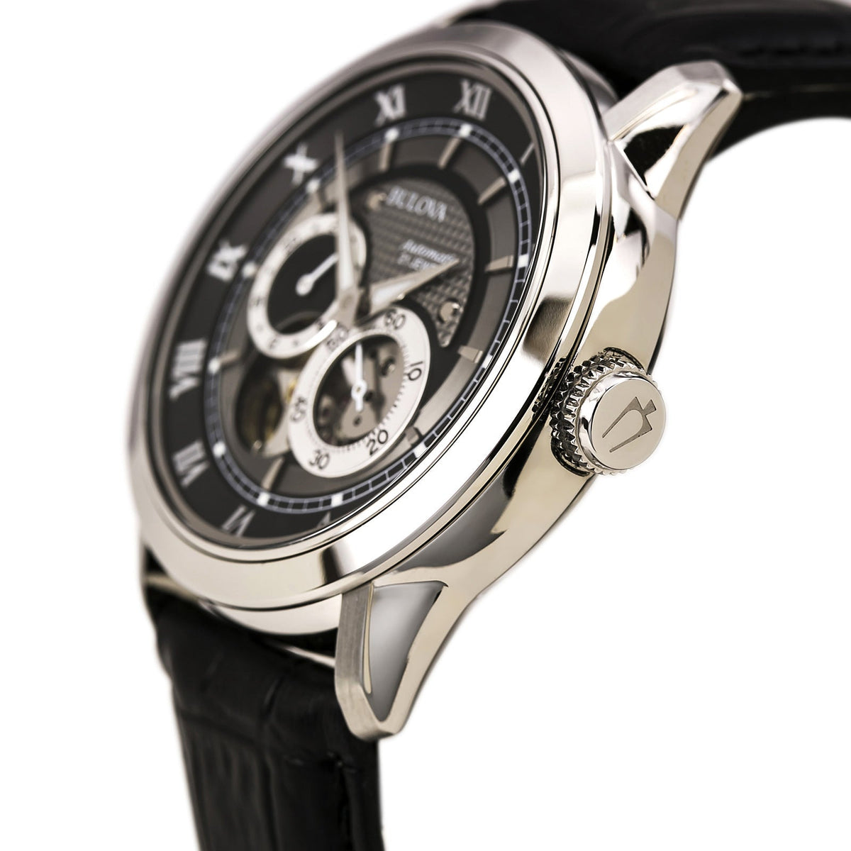  Shop Authentic Bulova BVA Classic Automatic Silver Dial Black Leather Strap Watch for Men - 96A135 - Luxxuri