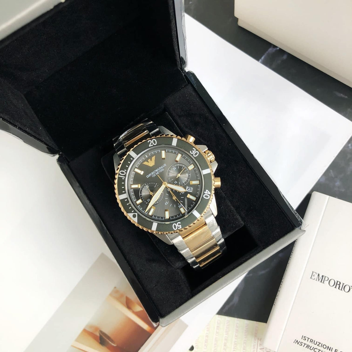  Shop Authentic Emporio Armani Diver Chronograph Green Dial Two Tone Steel Strap Watch For Men - AR11361 - Luxxuri