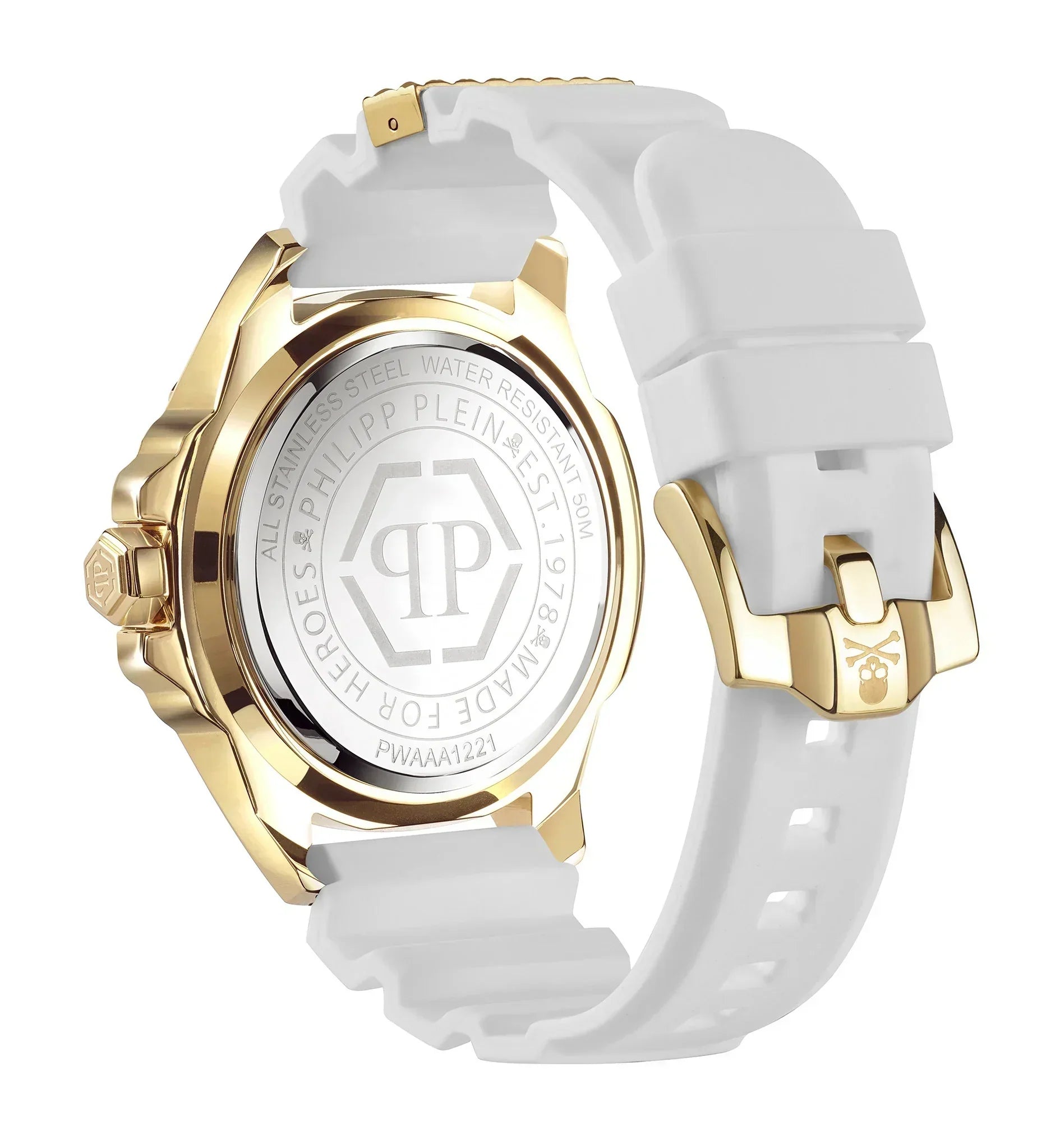 Philipp Plein The Skull Gold Dial White Silicone Strap Watch for Men - PWAAA1221