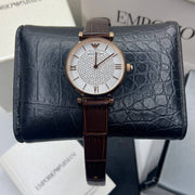  Shop Authentic Emporio Armani Gianni T-Bar Silver Dial Brown Leather Strap Watch For Women - AR11269 - Luxxuri