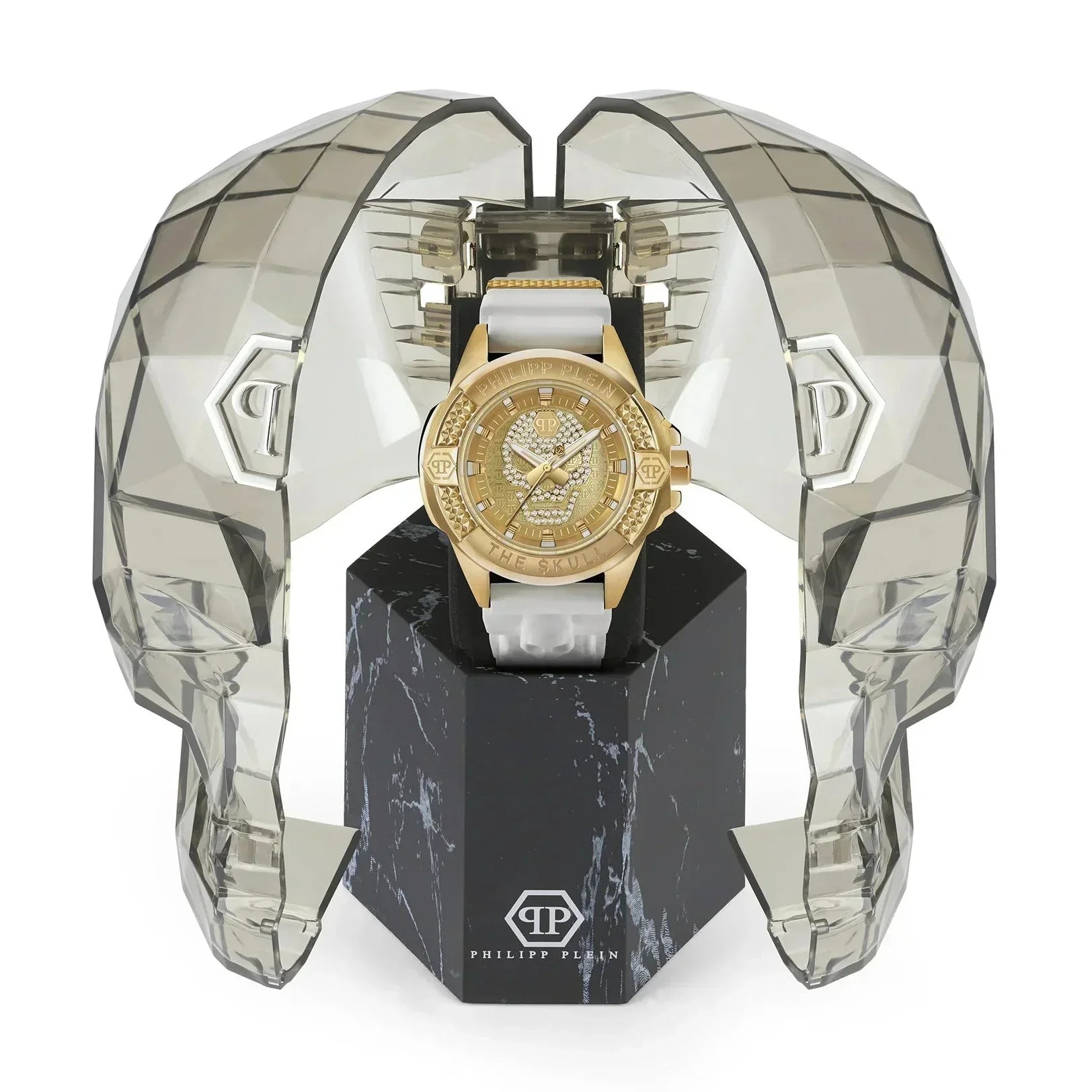 Philipp Plein The Skull Gold Dial White Silicone Strap Watch for Men - PWAAA1221