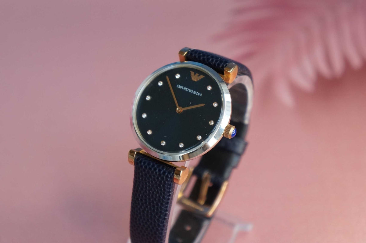  Shop Authentic Emporio Armani Gianni T Bar Analog Blue Dial Black Leather Strap Watch For Women - AR1989 - Luxxuri