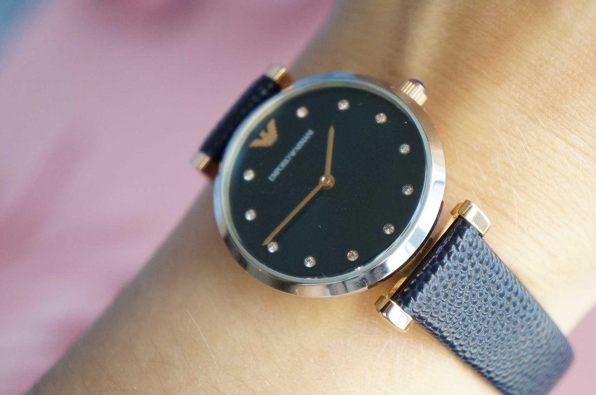  Shop Authentic Emporio Armani Gianni T Bar Analog Blue Dial Black Leather Strap Watch For Women - AR1989 - Luxxuri