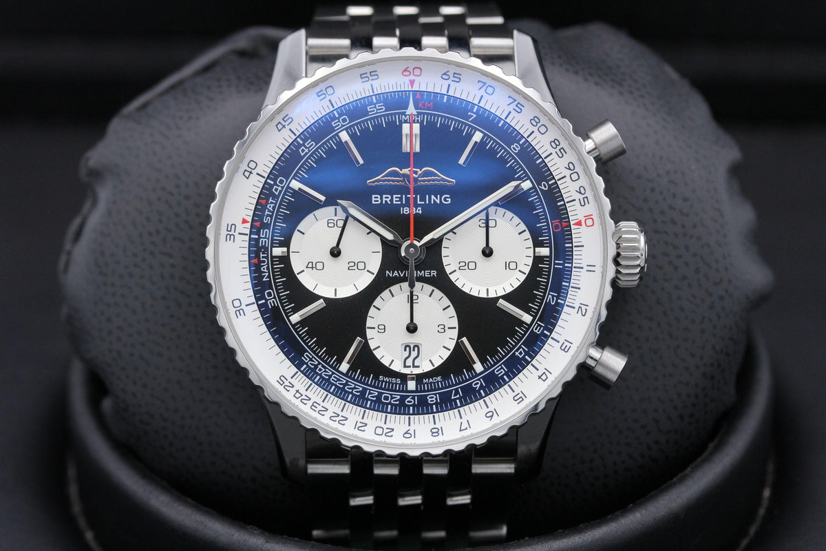  Shop Authentic Breitling Navitimer B01 Chronograph 43 Black Dial Silver Steel Strap Watch for Men - AB0138211B1A1 - Luxxuri