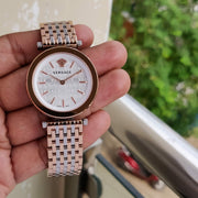 Shop Authentic Versace V-Twist White Dial Two Tone Mesh Bracelet Watch for Women - VELS00719 - Luxxuri