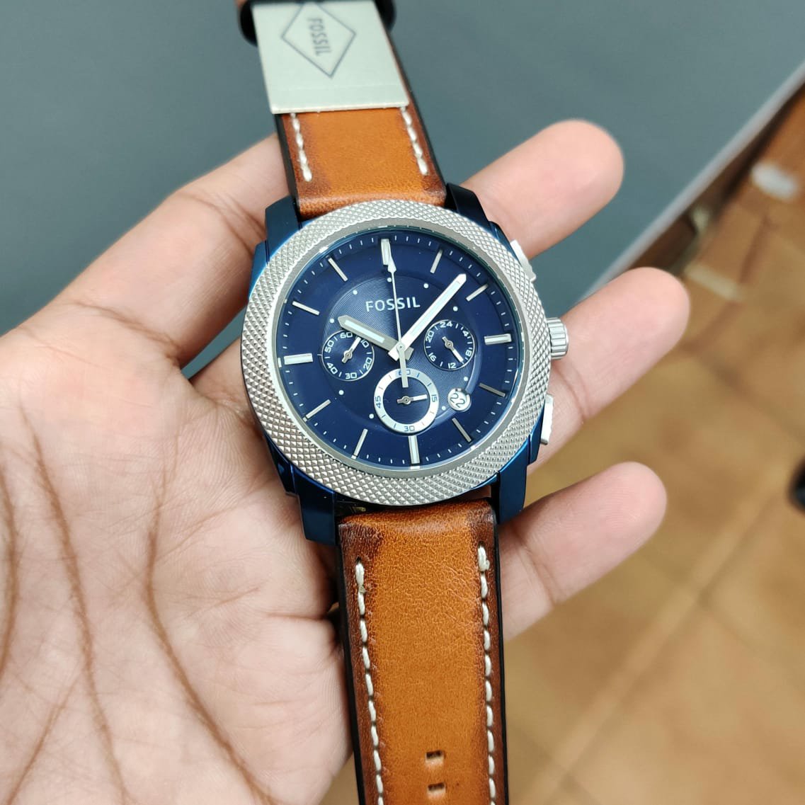 Shop Authentic Fossil Machine Chronograph Blue Dial Brown Leather Strap Watch for Men - FS5232 - Luxxuri