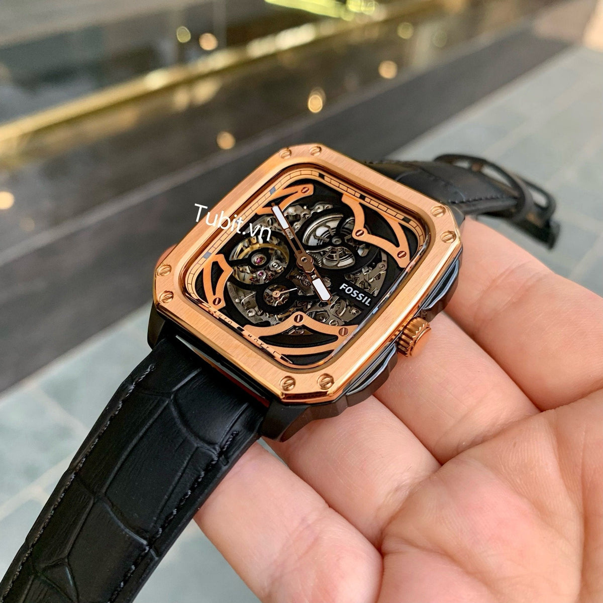  Shop Authentic Fossil Inscription Automatic Skeleton Rose Gold Dial Black Leather Strap Watch for Men - BQ2572 - Luxxuri
