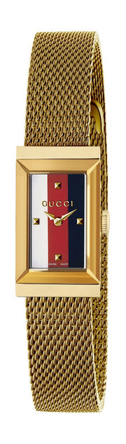  Shop Authentic Gucci G Frame Quartz Diamonds White Red Blue Dial Gold Mesh Bracelet Watch For Women - YA147511 - Luxxuri