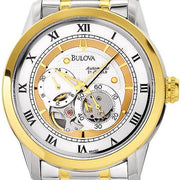  Shop Authentic Bulova BVA Skeleton Silver Dial Two Tone Steel Strap Watch for Men - 98A123 - Luxxuri