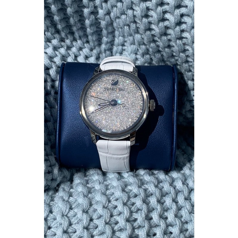  Shop Authentic Swarovski Crystalline Hours Silver Dial White Leather Strap Watch for Women - 5295383 - Luxxuri