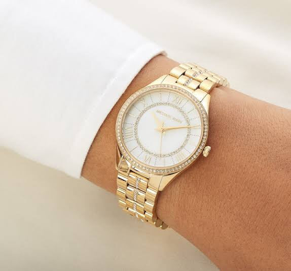  Shop Authentic Michael Kors Lauryn Mother of Pearl White Dial Gold Steel Strap Watch for Women - MK3899 - Luxxuri