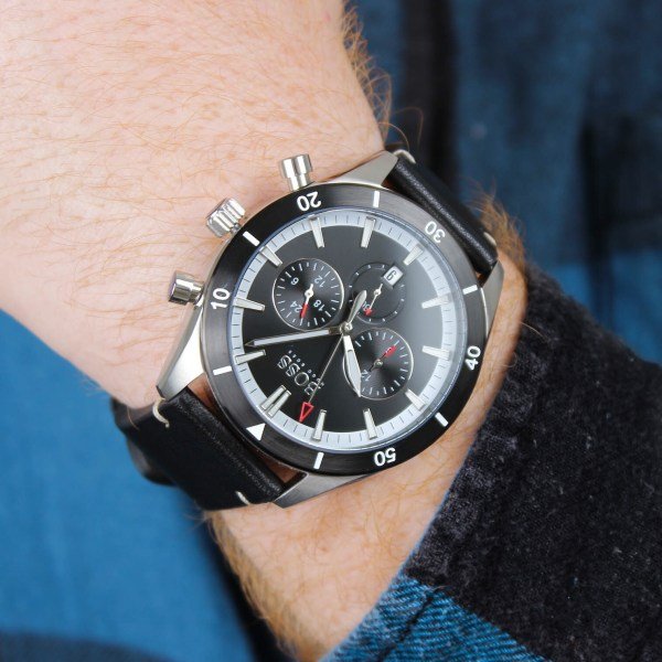 Shop Authentic Hugo Boss Chronograph Black Dial Black Leather Strap Watch for Men - 1513864 - Luxxuri