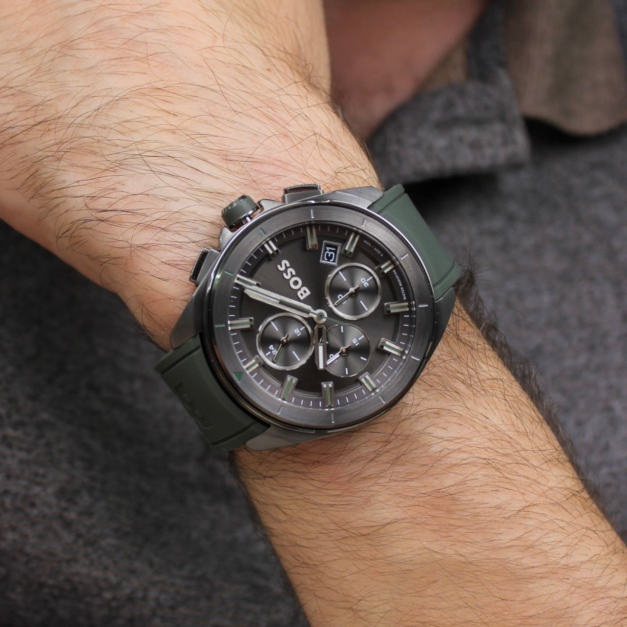  Shop Authentic Hugo Boss Volane Chronograph Grey Dial Green Rubber Strap Watch For Men - 1513952 - Luxxuri