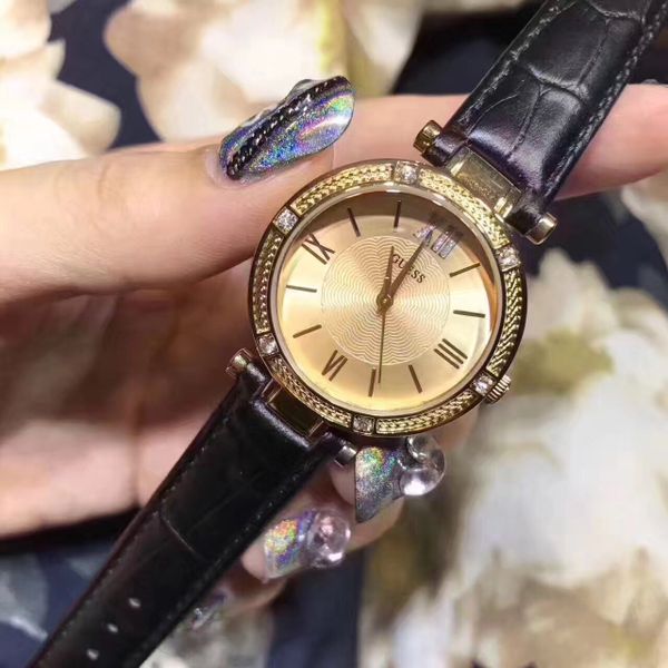  Shop Authentic Guess Park Avenue Quartz Gold Dial Black Leather Strap Watch For Women - W0838L1 - Luxxuri