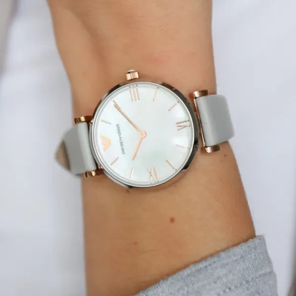  Shop Authentic Emporio Armani Gianni T Bar Quartz Mother of Pearl Dial White Leather Strap Watch For Women - AR1965 - Luxxuri