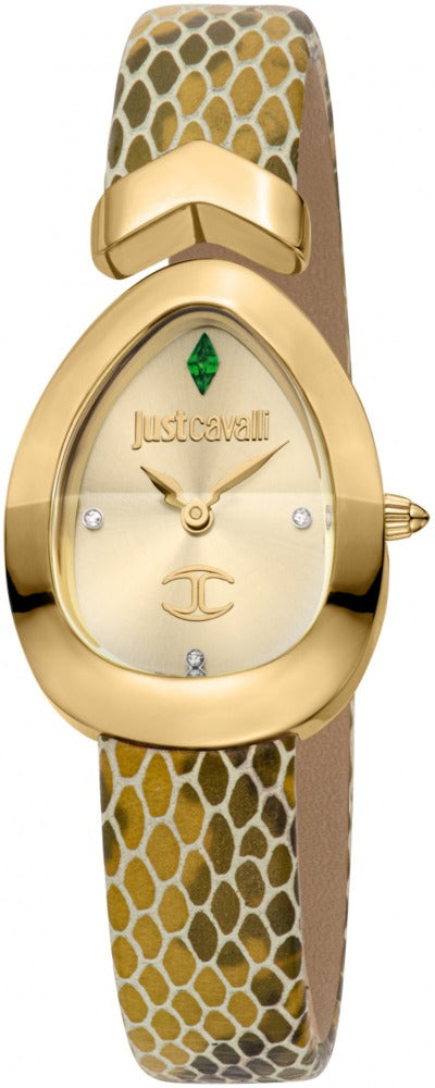 Just Cavalli Diversa Snake Gold Dial Brown Leather Strap Watch for Women - JC1L321L0035