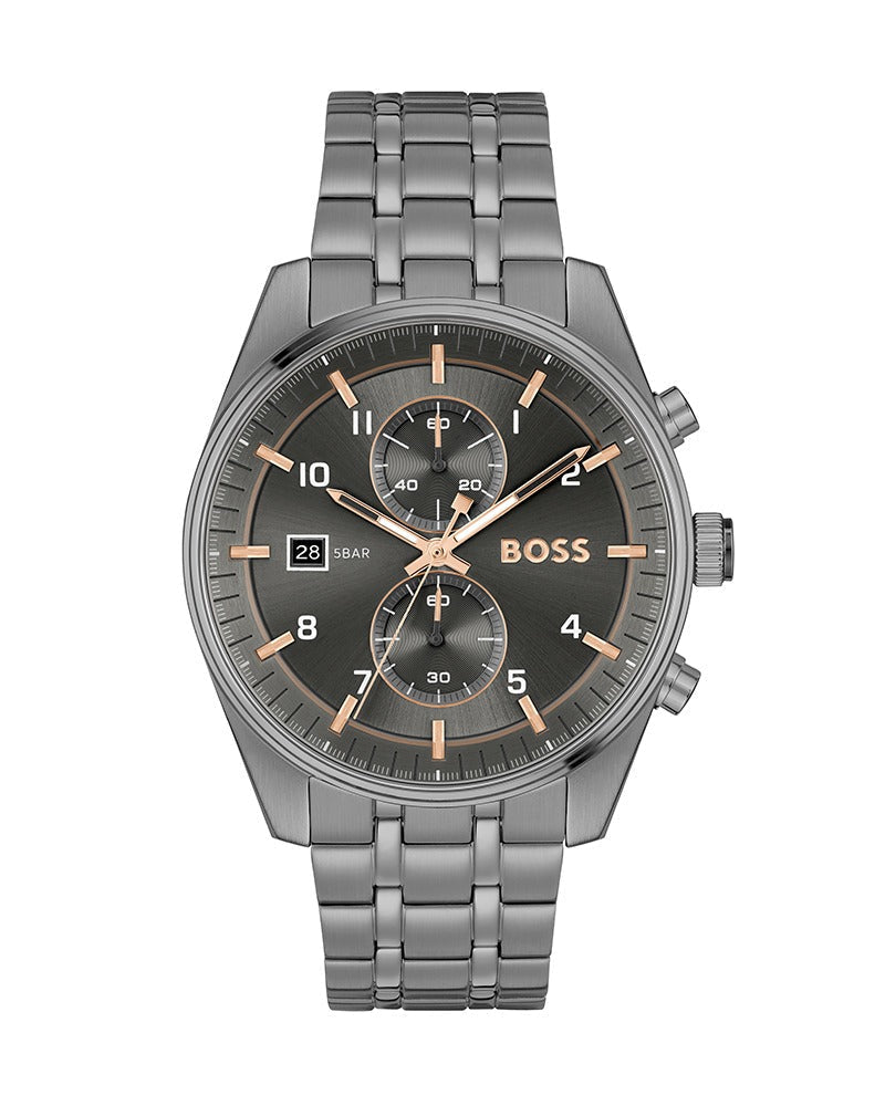 Hugo Boss Skytraveller Chronograph Gunmetal Grey Dial Grey Steel Strap Watch for Men - 1514153