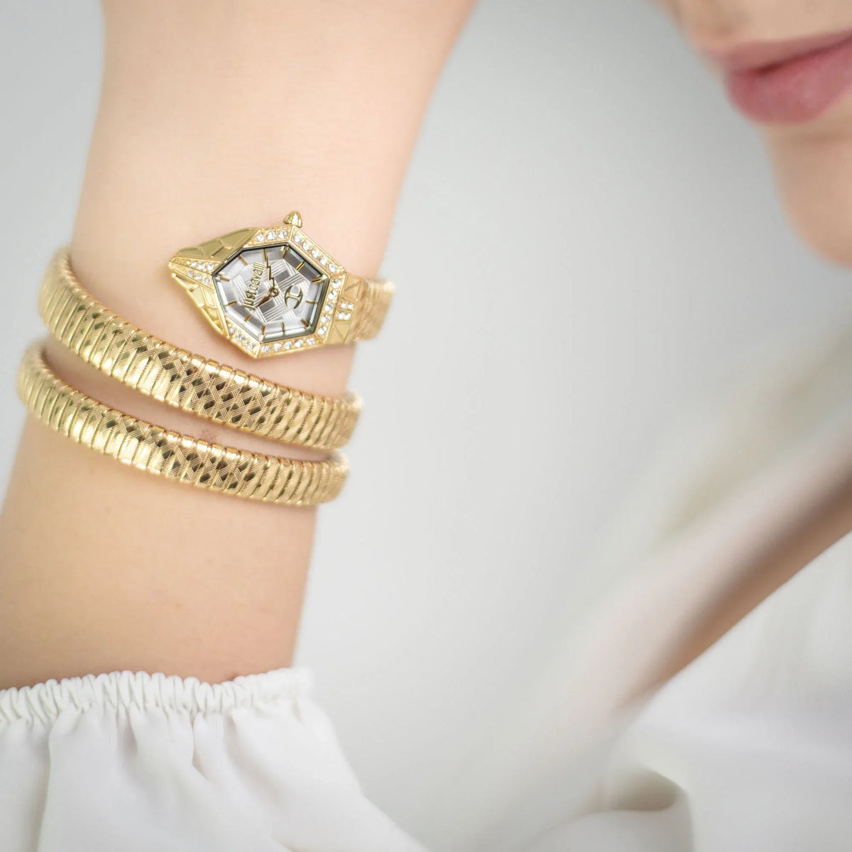 Just Cavalli Mesmerizing White Dial Gold Steel Strap Watch for Women - JC1L304M0025