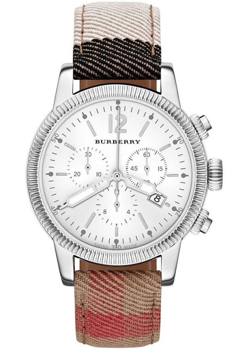 Burberry Utilitarian Chronograph White Dial Tri Tone Leather Strap Watch for Women - BU7820