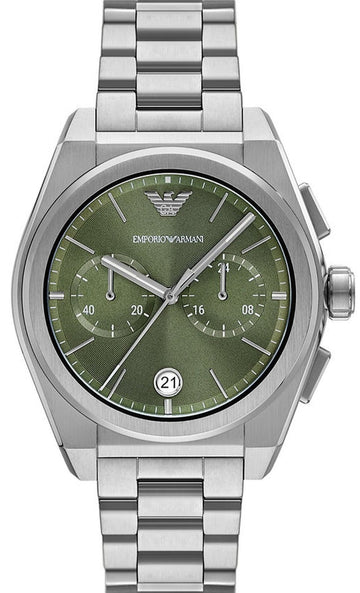  Shop Authentic Emporio Armani Federico Chronograph Green Dial Silver Steel Strap Watch for Men - AR11640 - Luxxuri