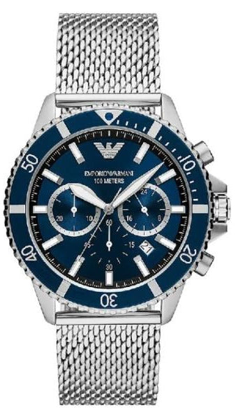 Emporio Armani Diver Chronograph Blue Dial Silver Mesh Strap Watch for Men - AR11587
