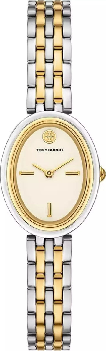 Tory Burch Oval White Dial Two Tone Steel Strap Watch for Women - TBW6033
