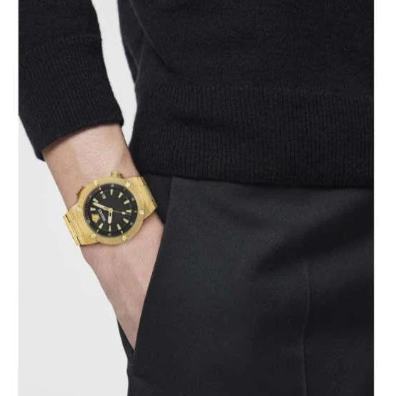  Shop Authentic Versace Greca Logo Quartz Black Dial Gold Steel Strap Watch for Men - VE8G00624 - Luxxuri