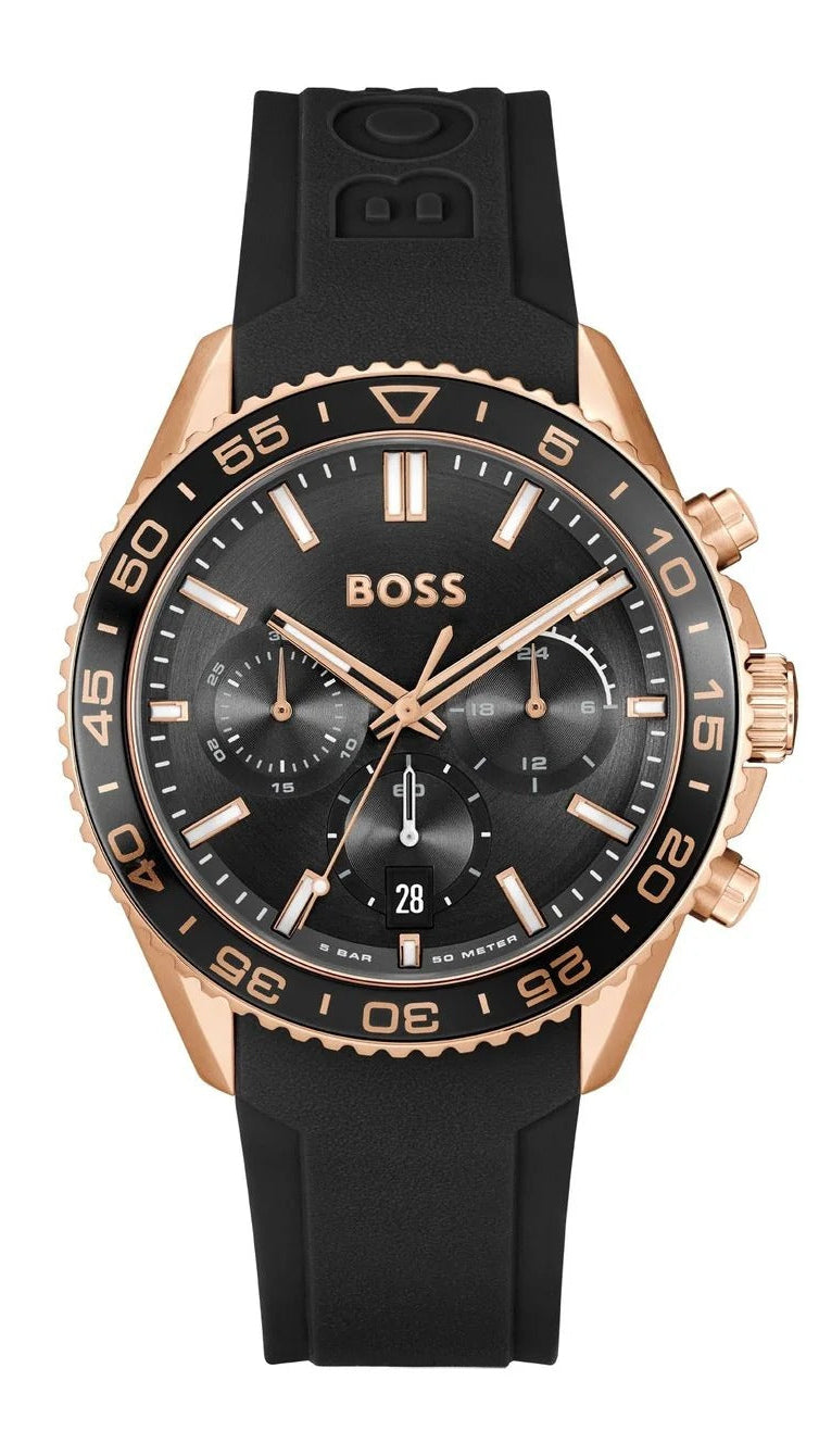 Hugo Boss Runner Chronograph Black Dial Black Silicone Strap Watch for Men - 1514168