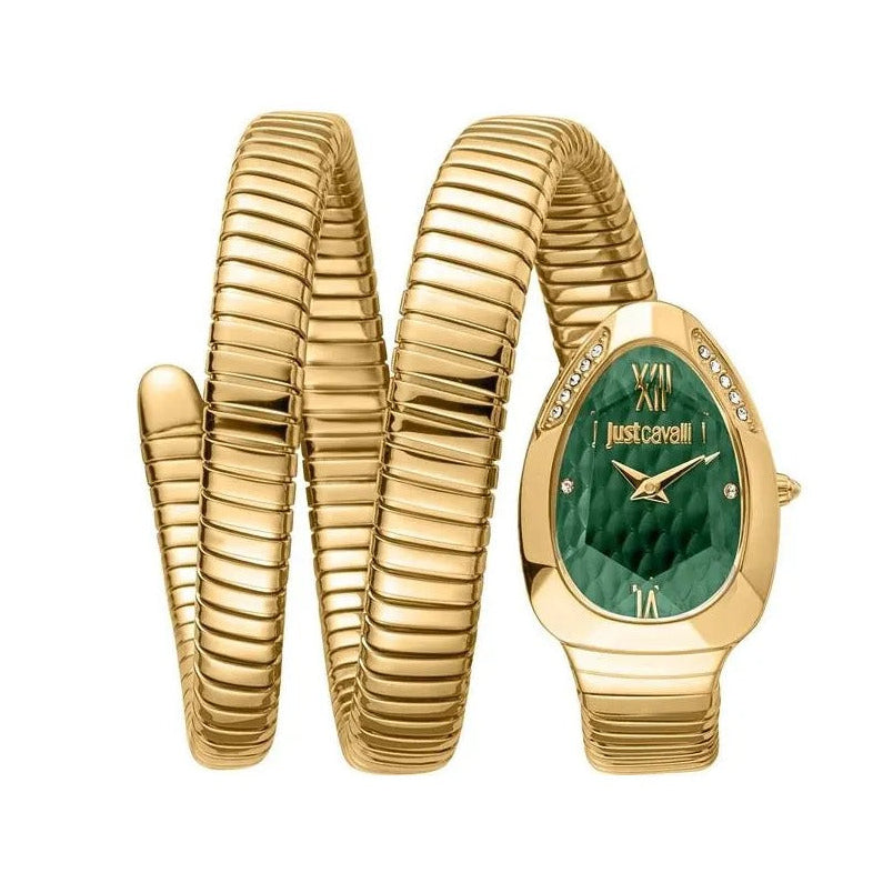 Just Cavalli Serpente Metallica Green Dial Gold Steel Strap Watch for Women - JC1L224M0045
