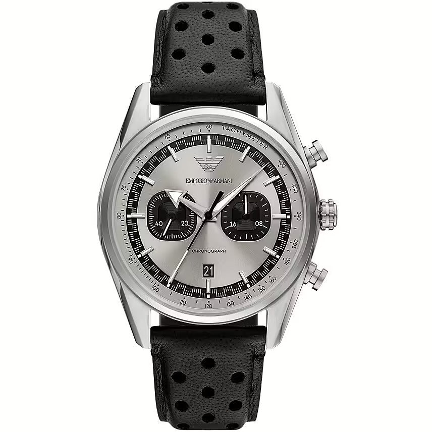 Emporio Armani Racer Chronograph Silver Dial Black Leather Strap Watch for Men - AR11677