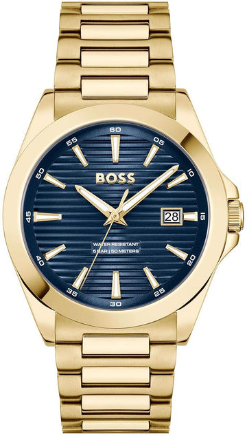 Hugo Boss Strike Blue Dial Gold Steel Strap Watch for Men - 1514172