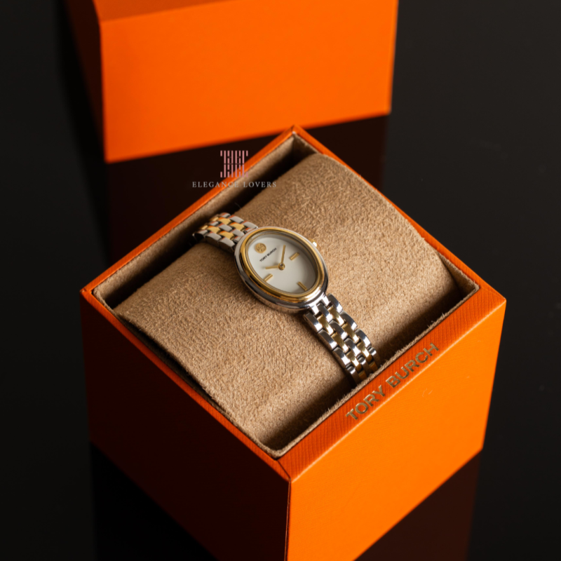 Tory Burch Oval White Dial Two Tone Steel Strap Watch for Women - TBW6033