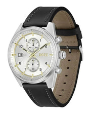 Hugo Boss Skytraveller Chronograph Silver Dial Black Leather Strap Watch for Men - 1514147