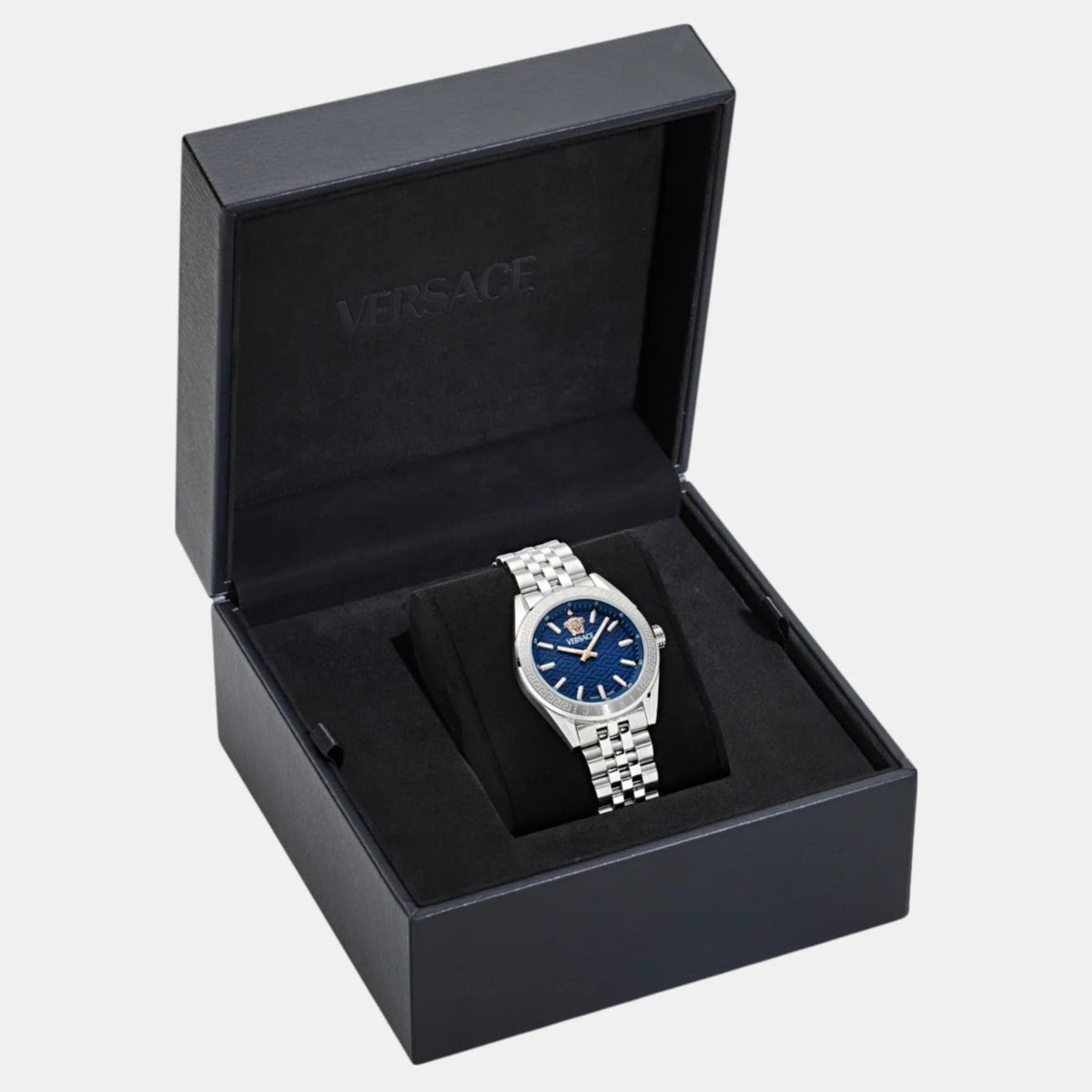  Shop Authentic Versace V-Code Analog Blue Dial Silver Steel Strap Watch for Women - VE8I00324 - Luxxuri