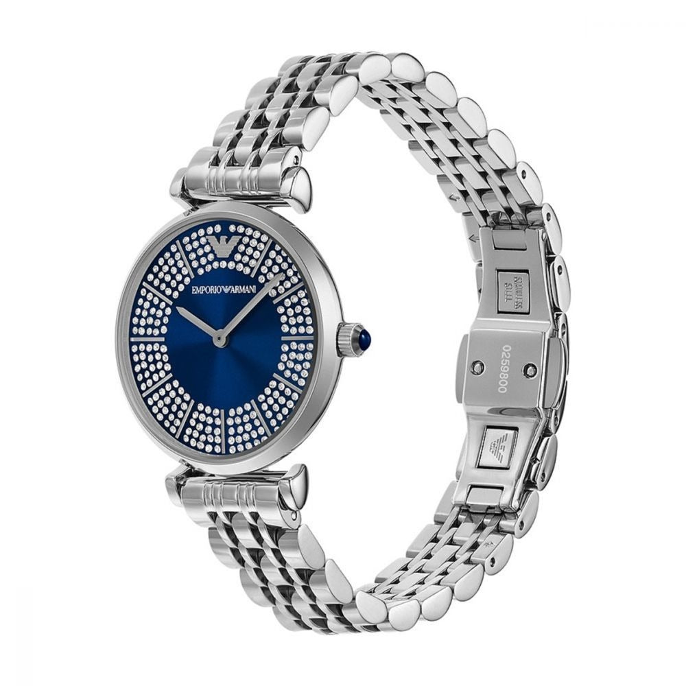 Emporio Armani Gianni T-Bar Blue Dial Silver Steel Strap Watch for Women - AR11627