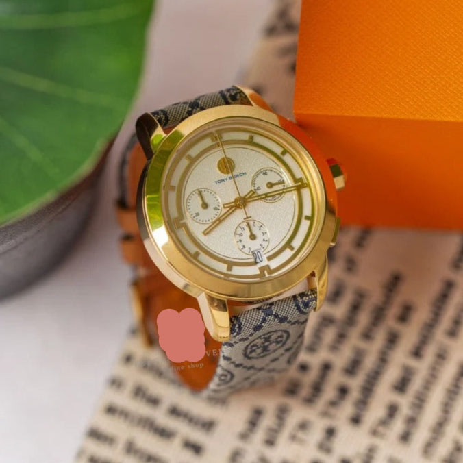 Tory Burch Classic Chronograph White Dial Grey Nylon Strap Watch for Women - TBW1035