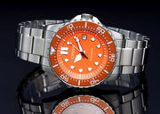 Citizen Mechanical Automatic Orange Dial Silver Steel Strap Watch for Men - NJ0128-80X