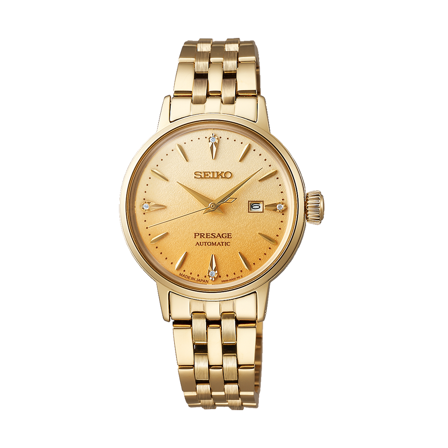 Seiko Presage Cocktail Time Automatic Diamonds Gold Dial Gold Steel Strap Watch for Women - SRE018J1