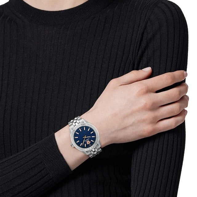  Shop Authentic Versace V-Code Analog Blue Dial Silver Steel Strap Watch for Women - VE8I00324 - Luxxuri