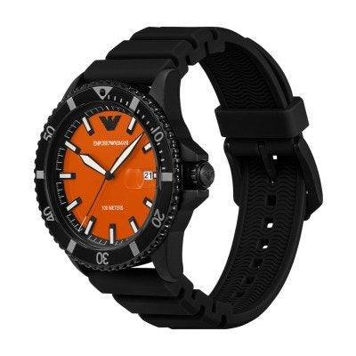 Emporio Armani World Explorer Orange Dial Black Silicone Strap Watch for Men - AR11684