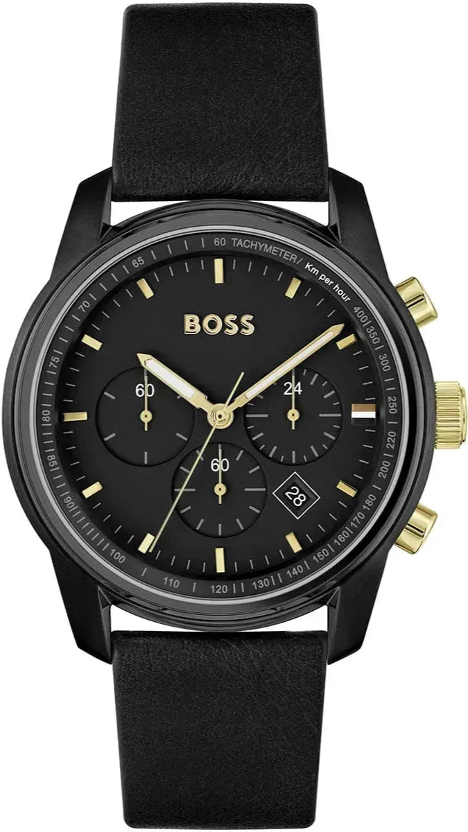  Shop Authentic Hugo Boss Trace Chronograph Black Dial Black Leather Strap Watch for Men - 1514003 - Luxxuri