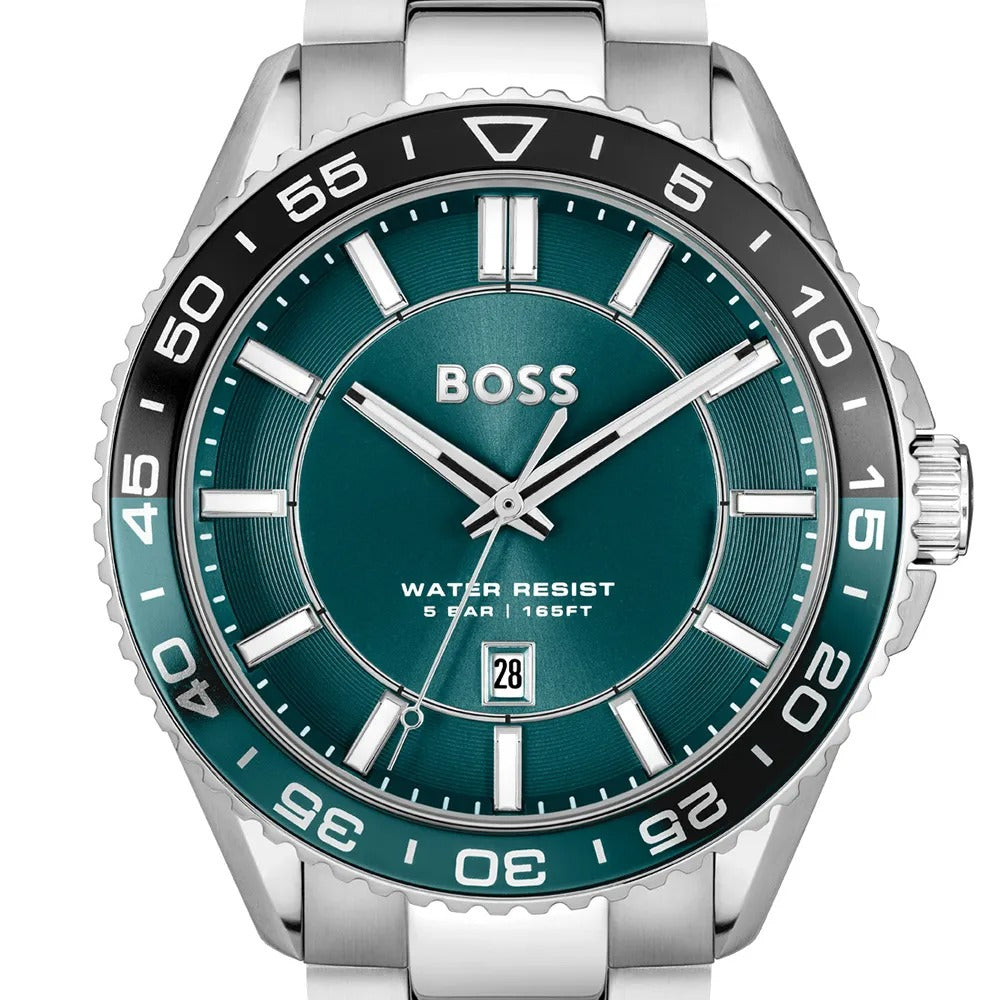 Hugo Boss Runner 3H Green Dial Silver Steel Strap Watch for Men - 1514208