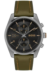 Hugo Boss Skytraveller Chronograph Black Dial Green Leather Strap Watch for Men - 1514148