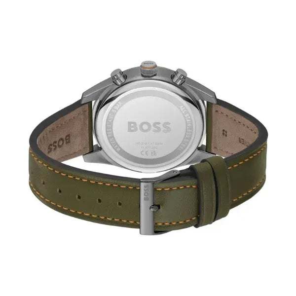 Hugo Boss Skytraveller Chronograph Black Dial Green Leather Strap Watch for Men - 1514148