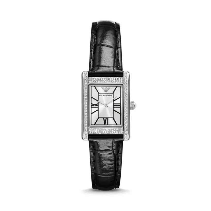 Emporio Armani Two Hand Crystals Silver Dial Black Leather Strap Watch for Women - AR11623